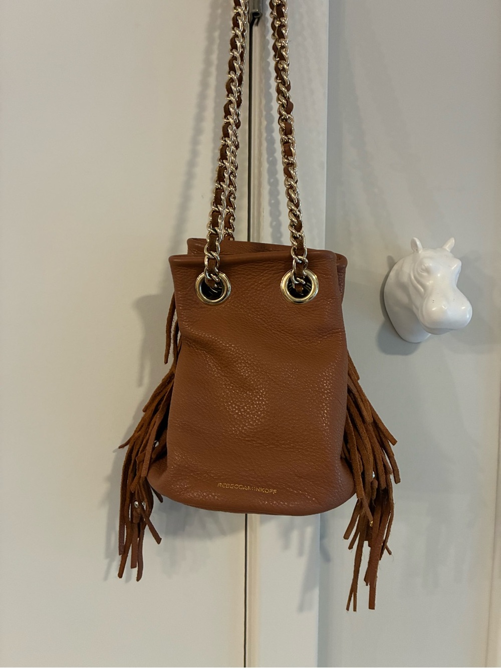 Rebecca Minkoff Tan Leather Fringe Shoulder Bag with Gold Chain